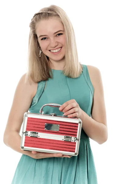 The young blonde holds small red a sac — Stock Photo, Image