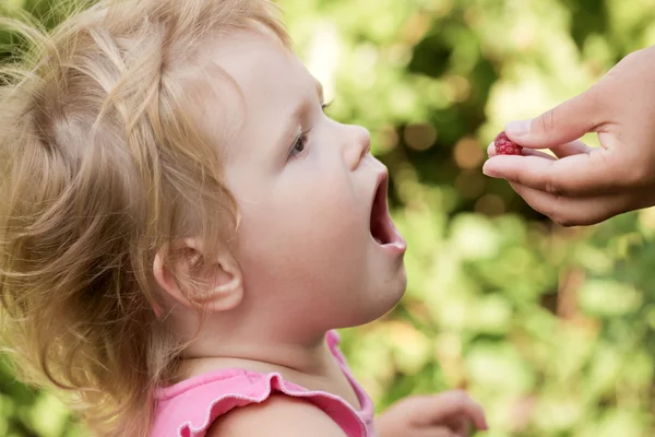 The kid has opened a mouth and to it the hand puts — Stock Photo, Image