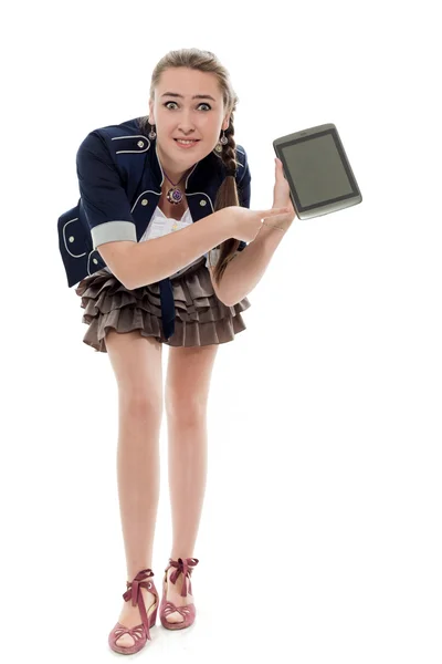 She points to the tablet — Stock Photo, Image