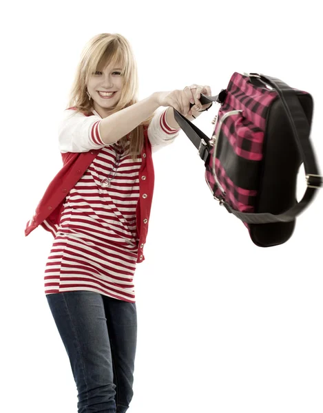 La jeune blonde lance un sac — Photo