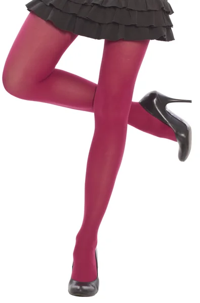Női láb, piros harisnya — Stock Fotó
