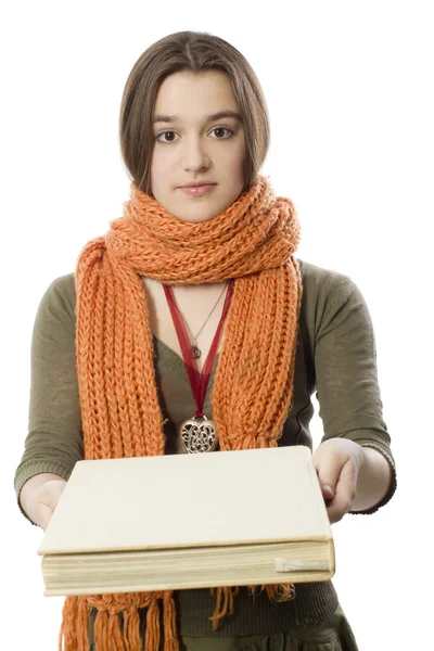 Portret van het meisje met het grote boek — Stockfoto