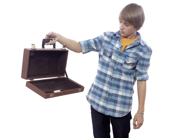 Boy with opened suitcase — Stock Photo, Image