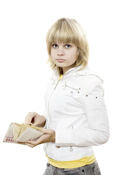 Blond girl with with wallet — Stock Photo, Image