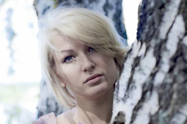 Woman over birch — Stock Photo, Image