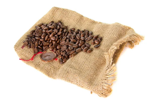 Bolsa de arpillera con frijol cofee — Foto de Stock