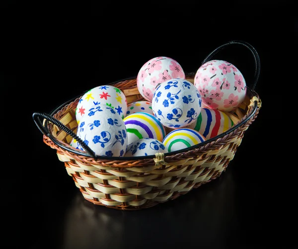 Easter eggs in wicker basket — Stock Photo, Image