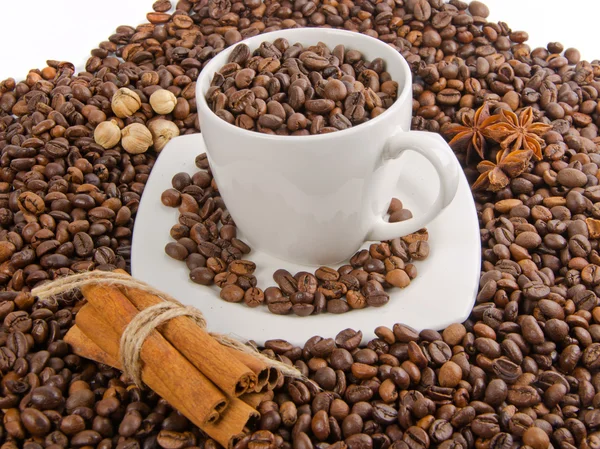 Koffie bonen met spice en cup — Stockfoto