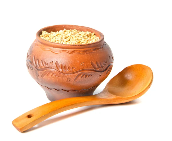 Zaden van tarwe in keramische pot — Stockfoto