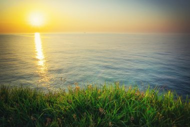 Sundown kompozisyon. gök, deniz ve yeşil çimen.