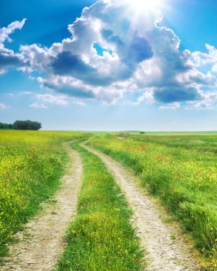 Yol şeridi ve derin mavi gökyüzü