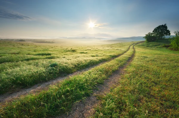 Voie de chemin et ciel profond du matin . — Photo