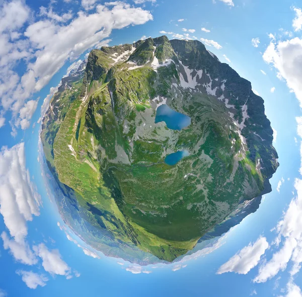 Little Planet Panorama Green Caucasus Mountains Valley Lakes Nature Composition — Stock Photo, Image