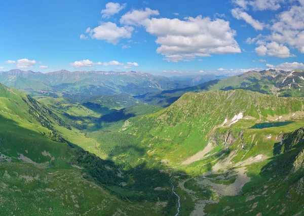 Panorama of green valley of Caucasus mountains. Nature composition.