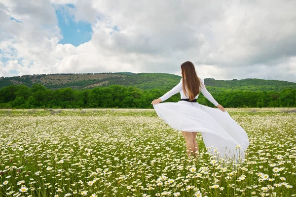 Junge Frau Weißen Kleid Einem Feld Mit Kamillenblüten — Stockfoto