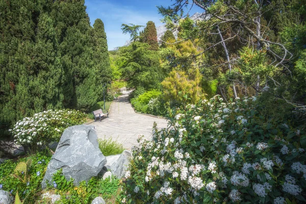 Camino Jardín Césped Verde Con Caminos Ladrillos Diseño Paisaje Jardín —  Fotos de Stock