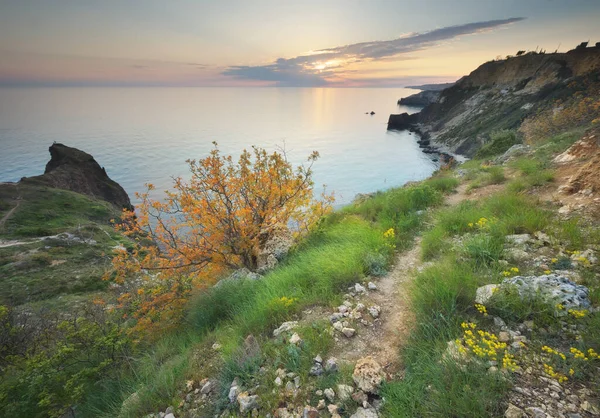 Montañas Mar Atardecer Paisaje Escénico —  Fotos de Stock