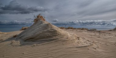 Litvanya, Nida yakınlarındaki Curonian gölü ve tükürüğü. Mart ayına göre doğa manzarası. Bulutlar. Seçici odak.