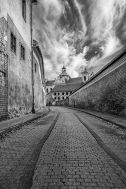 Vilnius - eski kasaba. St. Ignoto Caddesi, Eylül 'de. Sonbahar belirtileri. Seçici odaklanma. Tek renkli resim.