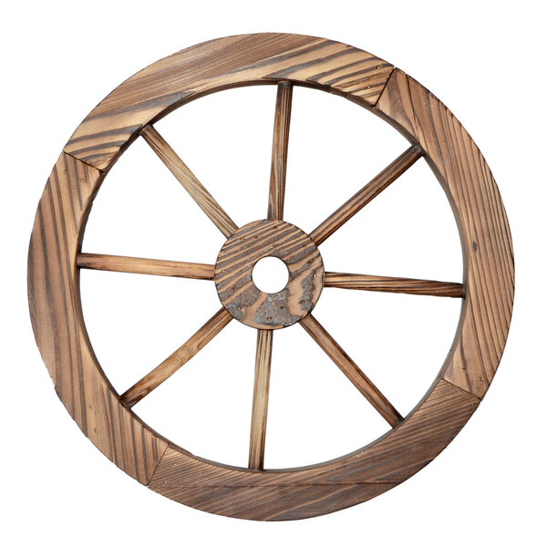 Old wooden wagon wheel on white