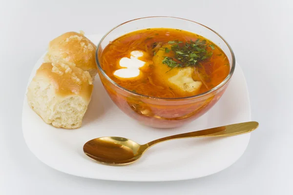 Ukrainian borsch with donuts — Stock Photo, Image