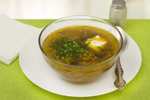 Sopa com repolho fresco e cogumelos — Fotografia de Stock