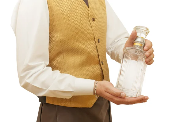 Waiter holds bottle — Stock Photo, Image