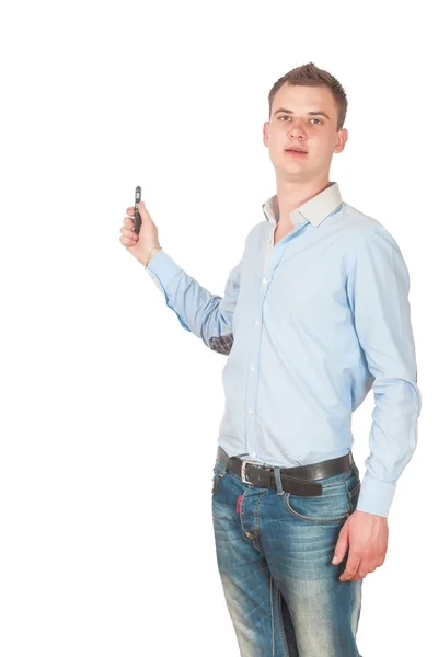 Junger Mann mit einem Zeiger in der Hand — Stockfoto