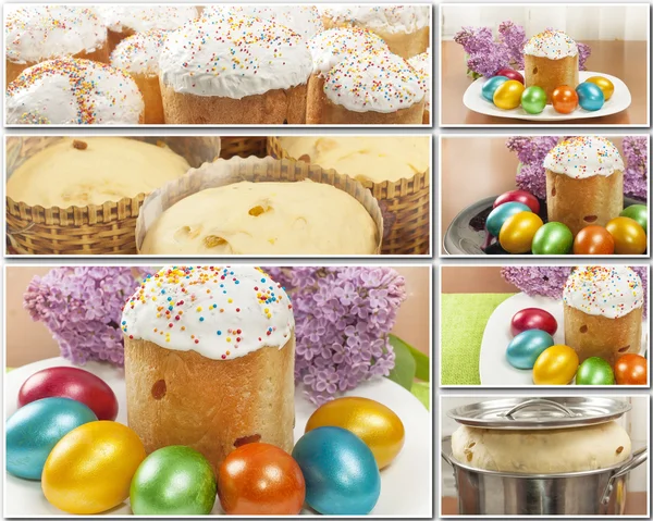 Easter cakes and painted eggs collage — Stock Photo, Image