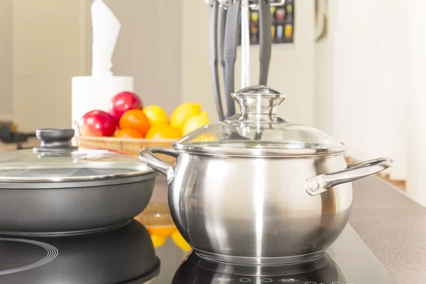 Ceramic hob with pans — Stock Photo, Image