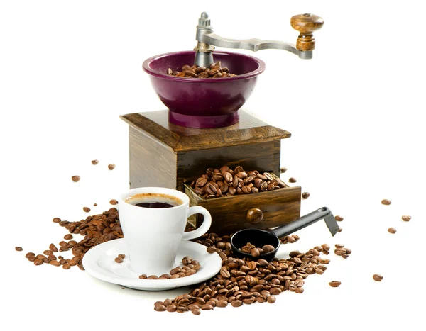 Coffee and old-fashioned coffee grinder — Stock Photo, Image