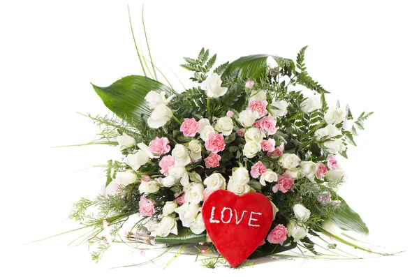 Beautiful fresh flowers bouquet and cake — Stock Photo, Image