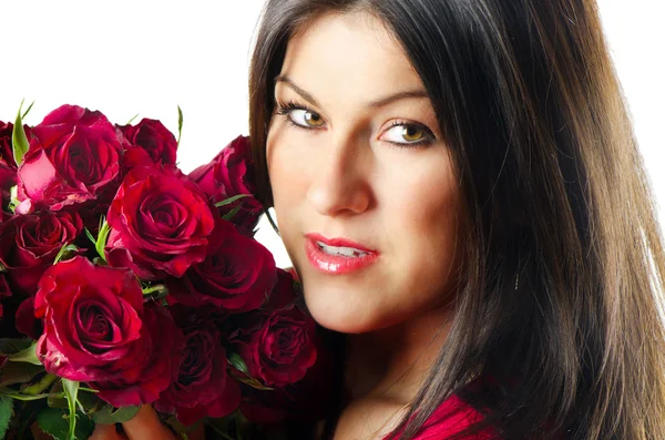 Beautiful happy woman with red roses — Stock Photo, Image