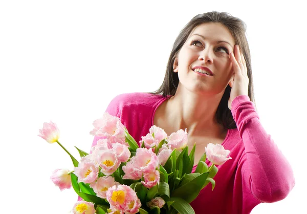 Belle femme heureuse avec des tulipes — Photo