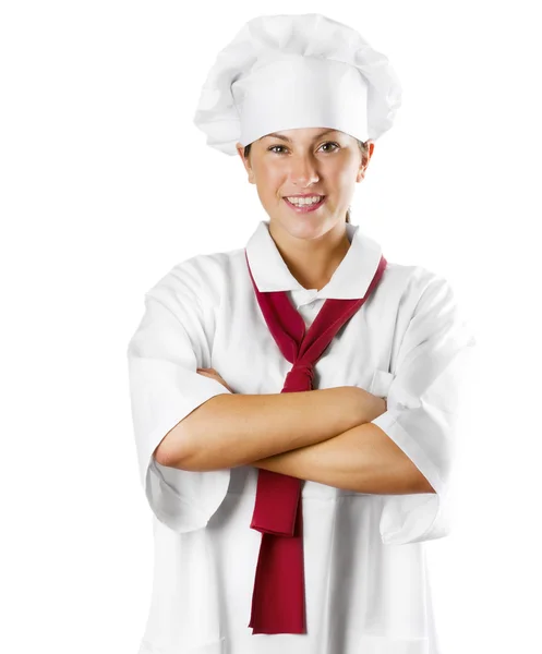 Jonge vrouw chef-kok geïsoleerd op wit — Stockfoto