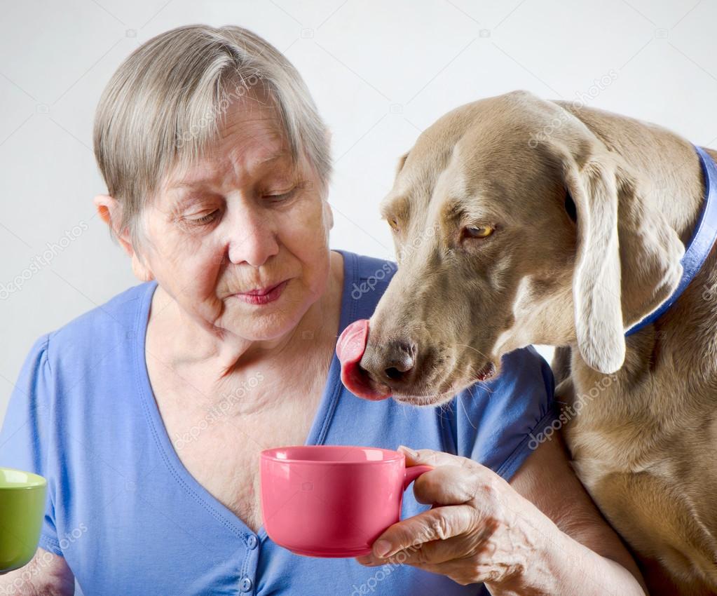 Senior woman with dog drinking tea