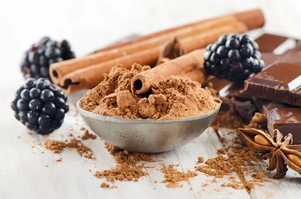 Cacao in polvere e barretta di cioccolato rotta — Foto Stock