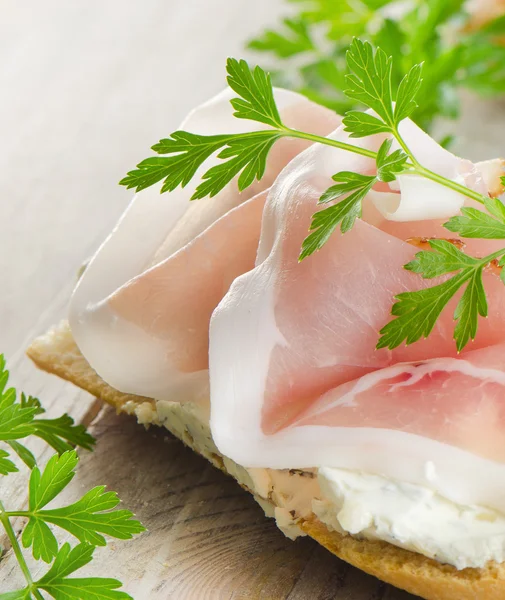 Bread with smoked bacon — Stock Photo, Image