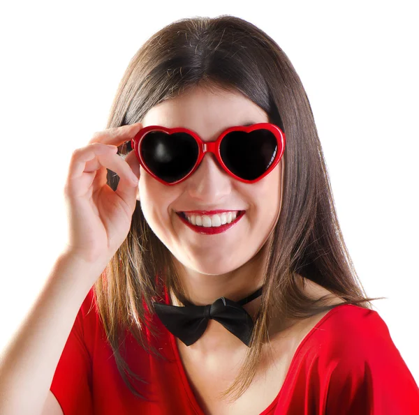 Smiling girl with heart glasses — Stock Photo, Image