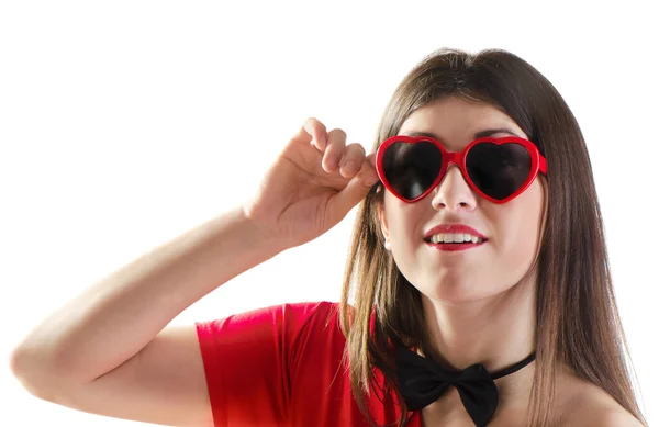 Smiling girl with heart glasses — Stock Photo, Image