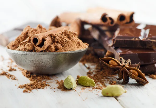 Broken chocolate bar and spices — Stock Photo, Image