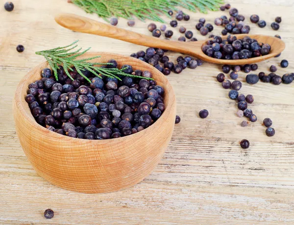 Wooden bowl with seeds of juniper — Stock Photo, Image