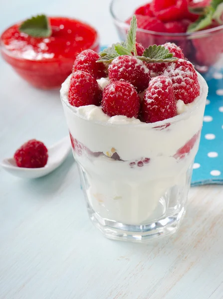 Dessert with raspberries and mint leaf — Stock Photo, Image