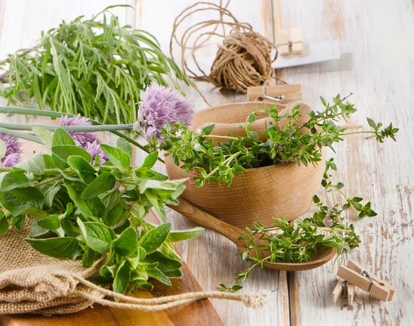 Färska örter på ett träbord — Stockfoto