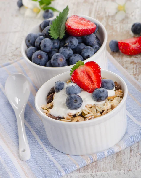 Müsli und Joghurt mit frischen Beeren — Stockfoto