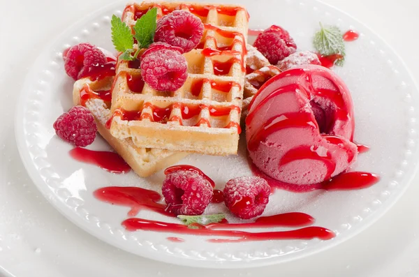 Belgian waffles with raspberries sorbet — Stock Photo, Image