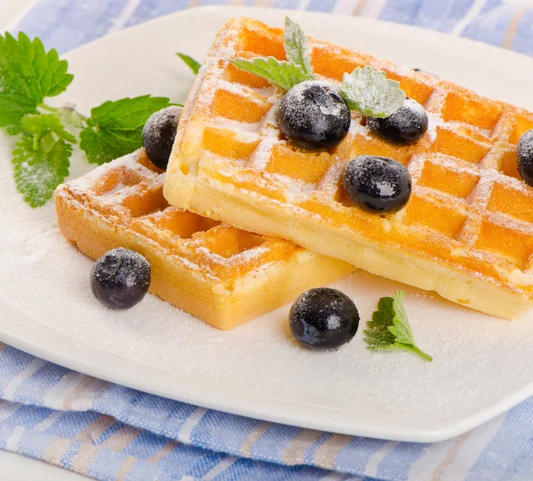 Waffles with blueberries and mint. — Stock Photo, Image