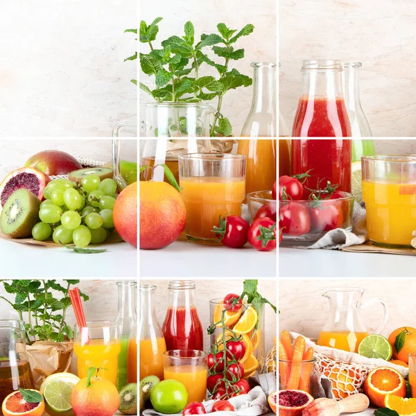 Colagem Alimentos Sucos Caseiros Frescos Saudáveis Frutas Legumes Fundo Madeira — Fotografia de Stock