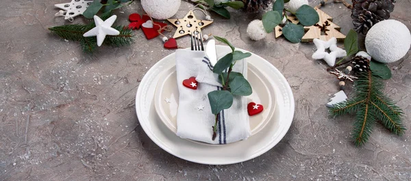 Weihnachten Weiße Und Grüne Tischdekoration Ferienzeit Konzept Kopierraum Panorama — Stockfoto