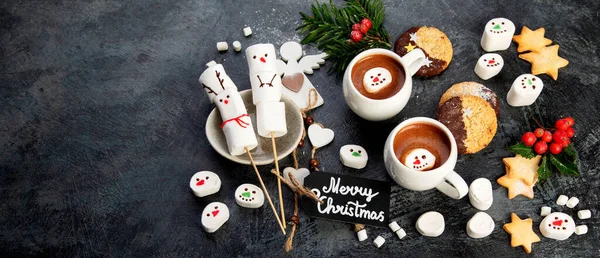 Vánoční Kompozice Horkou Čokoládou Sušenkami Koncept Prázdninového Období Horní Pohled — Stock fotografie